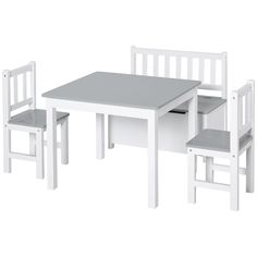 the table and chairs are all white with grey seat cushions on each side, one is empty