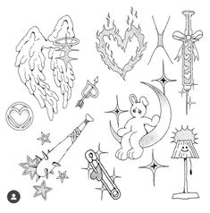 an ink drawing of various items and symbols