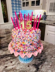 Multicolor, sprinkled, birthday, strawberry cake 15th Girl Birthday Party Ideas, Girl 15th Birthday Ideas, Girls 15th Birthday Party Ideas, Birthday Party Ideas For Teenagers 15, Preppy Birthday Party Decor, 15th Birthday Party Ideas Girl, Girly Bday Cakes, 15 Bday Party Ideas, Birthday Ideas 15