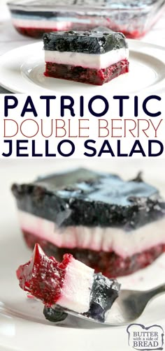 patriotic jello salad with blueberries and raspberry sauce on top is the perfect dessert for memorial day