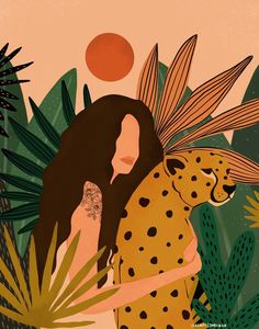 a woman hugging a cheetah surrounded by plants and leaves on a pink background