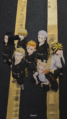 some anime characters standing in the middle of a cross walk with yellow lines painted on them