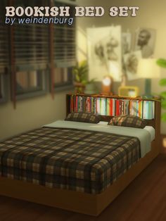 the bed is made up with bookshelves and plaid blankets on it's headboard