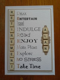 Retirement Scrapbook Ideas, Retirement Card Ideas, Retirement Cards Handmade, Diy Scrabble, Scrabble Letter Crafts, Retirement Party Ideas, Teacher Retirement Parties, Scrabble Tile Crafts