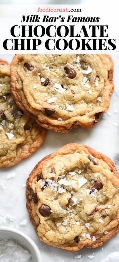 three chocolate chip cookies with coconut flakes on top and text overlay that reads milk bar's famous chocolate chip cookies