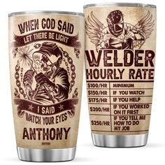 two tumblers with the words welderr and an image of a biker on them