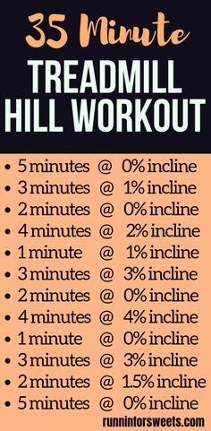 the five minute treadmill workout is shown in orange and black, with numbers on each side