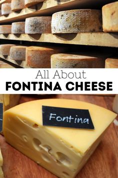 cheese is stacked on top of each other with the words, all about fontina cheese