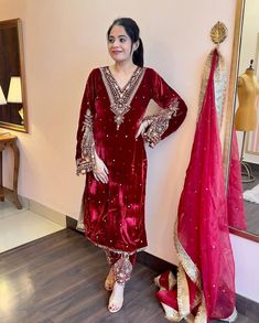 Title: Red Velvet Suit for Women and Girls / Kurti Set with Dupatta Dress for Wedding/Indian Wedding/Punjabi Wedding Description: Elevate your style at weddings and special occasions with this exquisite Red Velvet Suit. This ensemble is designed for both women and girls, ensuring a coordinated and elegant look for all. The set includes a stylish Kurti with intricate embroidery and a Dupatta, making it perfect for traditional Indian weddings, especially Punjabi weddings. Features: Material: High-quality red velvet fabric Kurti Design: Intricate embroidery and detailing Dupatta: Complements the Kurti with matching embroidery Occasion: Ideal for weddings, Indian weddings, and Punjabi weddings Size: Available in XL size for a comfortable fit This Red Velvet Suit combines classic style with mod Dresses For Wedding Indian, Coin Lace, Punjabi Wedding Suit, Red Velvet Suit, Velvet Kurti, Velvet Suit Design, Girls Kurti, Velvet Suit, Designer Kurtis