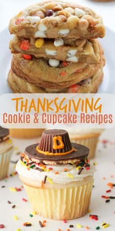 some cookies and cupcakes are stacked on top of each other with the words thanksgiving cookie & cupcake recipes