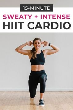 a woman doing squats with the words sweaty and intense hit cardio above her