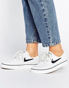 Nike SB Zoom Janoski Trainers In White  £65.00  Free Delivery & Returns*  COLOUR: White Nike Sb Outfit Woman, Nike Sb Outfit, Sb Outfits, Nike Sb White, Nike Sb Janoski, Nike Sb Zoom, Nike Swoosh Logo