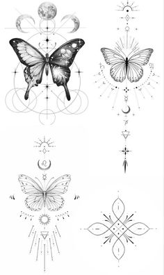 four different types of tattoos with butterflies and stars in the middle one is black and white