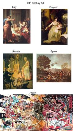 four paintings with different styles and colors on the same page, each showing an individual's artwork