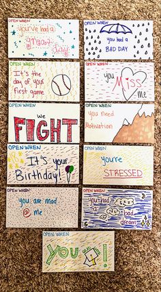 several handmade cards with words and pictures on them