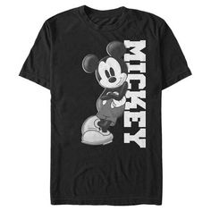 Who knew that dressing "mousey" could be so cute!? Celebrate Walt Disney's most iconic character with this officially licensed Mickey & Friends Black and White Mickey Mouse Men's Tee, featuring Mickey looking cool while leaning against his name. This graphic tee is perfect for the whole family, so grab one for yourself or a loved one today! Black Disney Fan Merchandise T-shirt, Black Disney T-shirt For Fan Events, Disney Black T-shirt With Character Print, Black Mickey Mouse Tops For Disney Events, Black Mickey Mouse Top For Disney Fan Events, Black Disney Character Print T-shirt, Black Disney Graphic Tee, Disney Mickey Mouse T-shirt For Streetwear, Mickey Mouse Cotton T-shirt For Streetwear