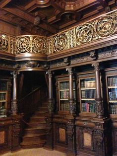 an elaborately carved library with bookshelves and stairs in the center is shown