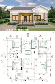 two story house plan with 3 bedroom and 2 bathrooms on each floor, in the middle of