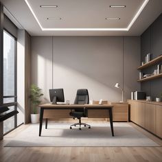 an office with two chairs and a desk in front of a large window that overlooks the city