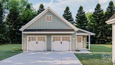 two garages are shown in the middle of a yard with grass and trees behind them