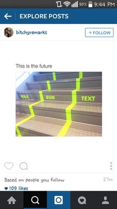 an image of some stairs with yellow tape on the bottom and one line that says explore posts