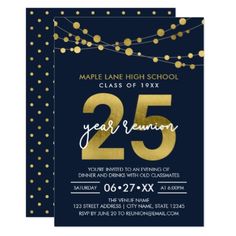 the navy and gold 25th birthday party card is shown with confetti lights on it