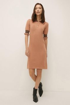 Style: A-Line DressDesign: StripesFabric: KnittedLength: MiniNeckline: CollaredSleeve Length: Short Sleeve Soft Gamine, Autumn Look, Oasis Dress, Oasis Fashion, Stripe Dress, Knit Mini Dress, Petite Dresses, Fall Looks, Fashion Face