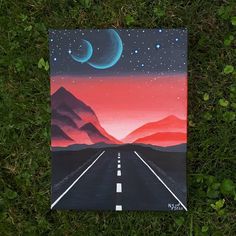 an acrylic painting of a road leading to the moon and stars in the sky