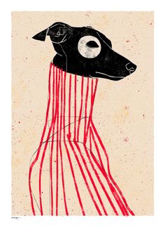 a drawing of a dog wearing a red and white striped dress with an eye on it's head