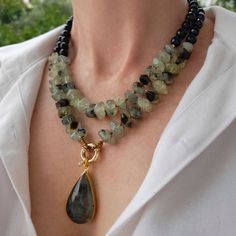 Large prehnite black onyx necklace. Big beaded long necklace. Chunky statement gemstone necklace for women. Large handmade necklace with big bead and gemstone. Big bold bohemian bright necklace in gold color are suitable for an casual look, evening look and for a holiday. These necklace will be a good Christmas, anniversary, wedding or birthday gift for mom, wife, girlfriend, sister or daughter. Women's necklace with natural stone. It emphasizes the beauty of your neck and adds charm to your loo Unique Onyx Necklaces For Jewelry Making, Unique Onyx Gemstone Necklace, Onyx Gemstone Beaded Necklaces As Gift, Onyx Gemstone Beaded Necklaces For Gifts, Onyx Gemstone Beaded Necklace As A Gift, Onyx Gemstone Beaded Necklace For Gift, Handmade Onyx Necklaces, Handmade Onyx Necklaces With Unique Style, Onyx Pendant Necklace With Gemstone Beads