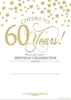 an elegant 60th birthday party card with gold confetti and sparkles on it