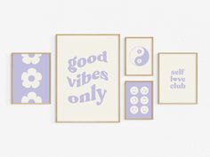 three purple and white wall art pieces with the words good vibes only