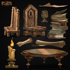 an assortment of wooden furniture and candles on a black background with text that reads,