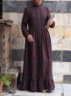 Lace Elegant Long Sleeve Brown Abaya, Elegant Long Abaya With Button Closure, Elegant Abaya With Modesty Panel For Fall, Elegant Fall Abaya With Modesty Panel, Lace Ruffle, Comfortable Dress, Body Size, Different Fabrics, Mandarin Collar