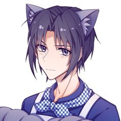 an anime character with black hair and blue eyes, wearing a cat ears costume while looking at the camera