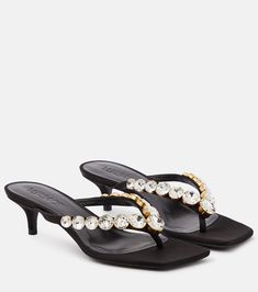 High Summer Embellished Satin Thong Sandals in Black - Versace | Mytheresa Versace Flip Flops, Versace Heels, Versace Sandals, Pretty Heels, Heeled Flip Flops, Strappy Platform Sandals, Versace Gold, Versace Shoes, Mid Heel Sandals