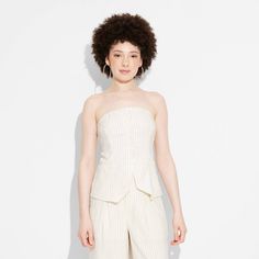 Women's Linen Suiting Tube Top - Wild Fable™ Elegant Cotton Tube Top For Summer, Summer Cotton Strapless Fitted Jumpsuit, Fitted Cotton Strapless Sleeveless Jumpsuit, Fitted Strapless Jumpsuit For Day Out, Casual Cotton Strapless Jumpsuit, Fitted Strapless Jumpsuit For Spring, Chic Tube Top With Button Closure, Fitted Cotton Elegant Tube Top, Fitted Elegant Cotton Tube Top