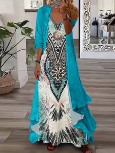 Baby Blue Boho Collar   Colorblock,Geometric,Tribal,Scarf Print  Embellished Non-Stretch  Women Clothing Cami Dress Outfit, Petite Maxi Dress, Long Sleeve Kimono, Suspender Dress, Maxi Dress Blue, Petite Dresses, Types Of Dresses, Two Piece Dress, Cami Dress