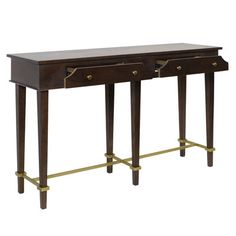 a wooden table with two drawers on one side and gold handles on the other end