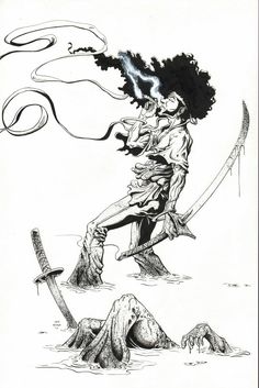 Afro Samurai Manga, Afro Samurai Art, Afro Samurai Tattoo, Takashi Okazaki, Martial Arts Tattoos, Afro Tattoo, Samurai Drawing, Animation Drawing Sketches, Dan Mora