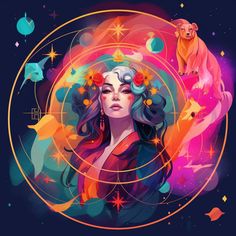 a woman with long hair and flowers in her hair, surrounded by stars and planets