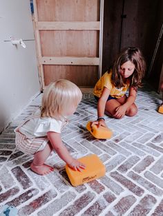 Herringbone Brick Floor » Burnished Haus Herringbone Brick Floor Brick Herringbone Floor, Brick Herringbone, Herringbone Brick Floor, Herringbone Brick, Restroom Remodel, Brick Floor, Faux Brick Panels, Fixer Upper House, Suite Ideas