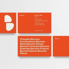 three business cards with orange and white text on them