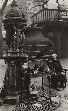 an old man sitting in front of a bird cage