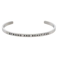 Stainless steel cuff bracelet reminds the wearer they are "STRONG AND BEAUTIFUL." High-polished stainless steel construction is long-lasting metal that resists rust, tarnish, oxidation and corrosion. Metal Stamped Jewelry, Fire Mountain, Fire Mountain Gems, Western Jewelry, Stamped Jewelry, Everyday Jewelry, Steel Construction, Metal Stamping, Bracelet Gift