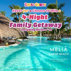 an advertisement for a family getaway in the middle of palm trees and blue water