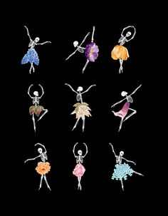 a group of different colored ballerinas on black background