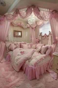 a bedroom with pink bedding and curtains