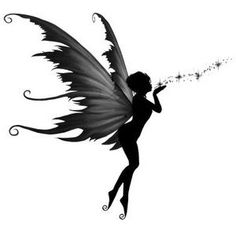 a silhouette of a fairy holding a sparkler in her hand and blowing on it's tail