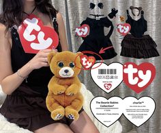 a woman sitting on a bed holding a teddy bear in front of her and two other valentine's day items behind her